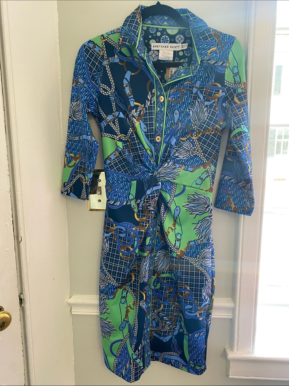 Gretchen Scott Designs Blue, Green & Gold Chain-Print Tie-Waist Shirt Dress